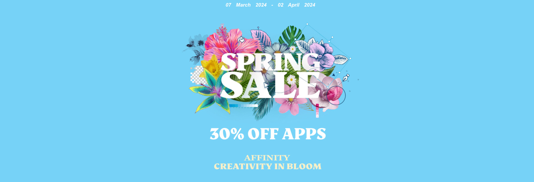 Affinity ลดพิเศษ 30% SPRING SALE blossoming inside a colourful bouquet of flowers on a pale blue bac